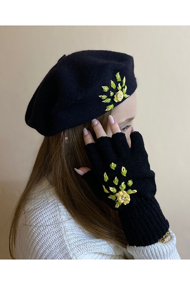 Handmade Black Pearl Floral Embroidered French Painter Beret and Gloves Set
