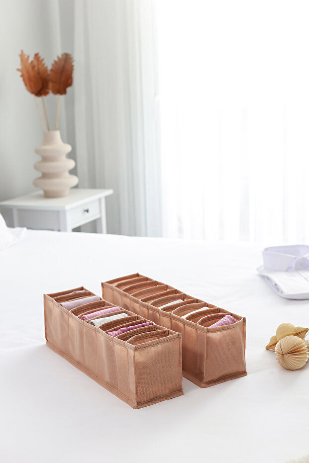 Set of 2 Beige 10 Compartment Cabinet Drawer Inside Accordion Type Folding Laundry Organizer - 1