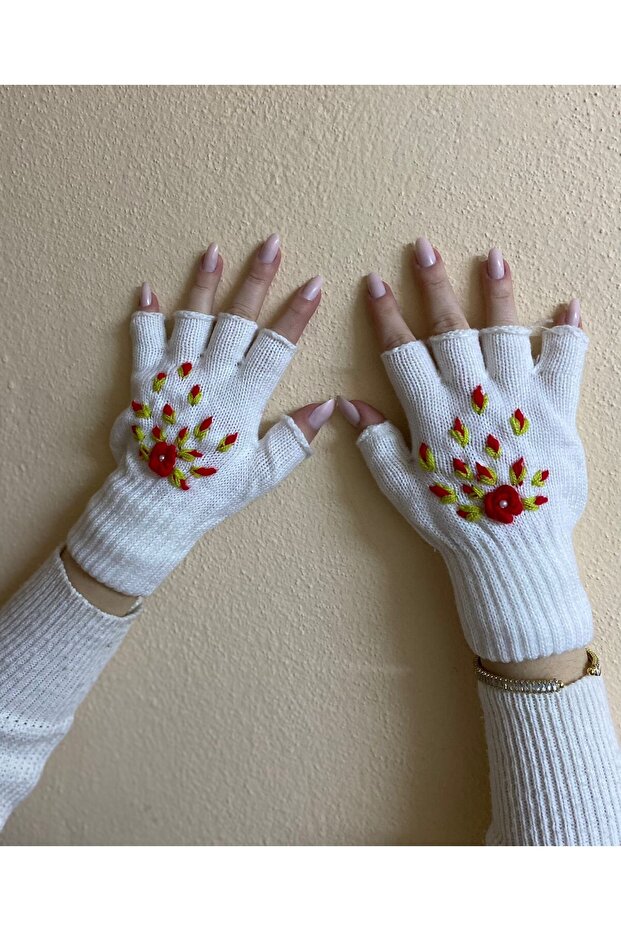 Handmade Flower Embroidered Fingers Cut Gloves - Fingerless Gloves - Gift Valentine's Day