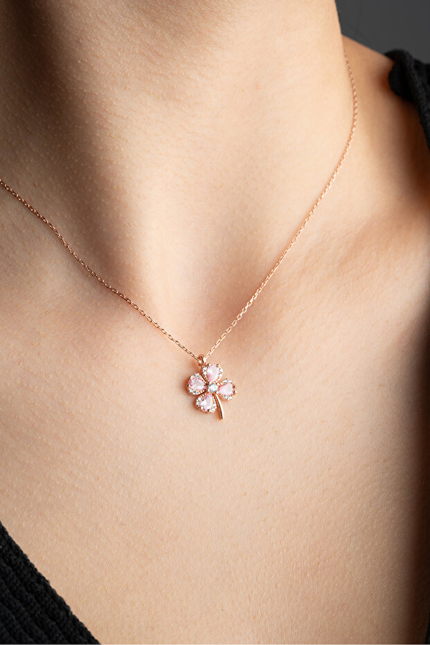 925 Ayar Gümüş Pembe Taşlı Dört Yapraklı Şans Yonca Kolye - 2