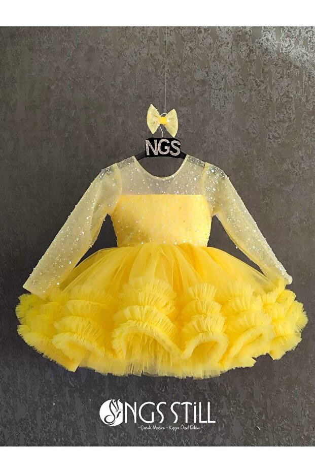 İnci Tül Kaplama Uzun Kol Grenli Tütü Etek Elbise - 1