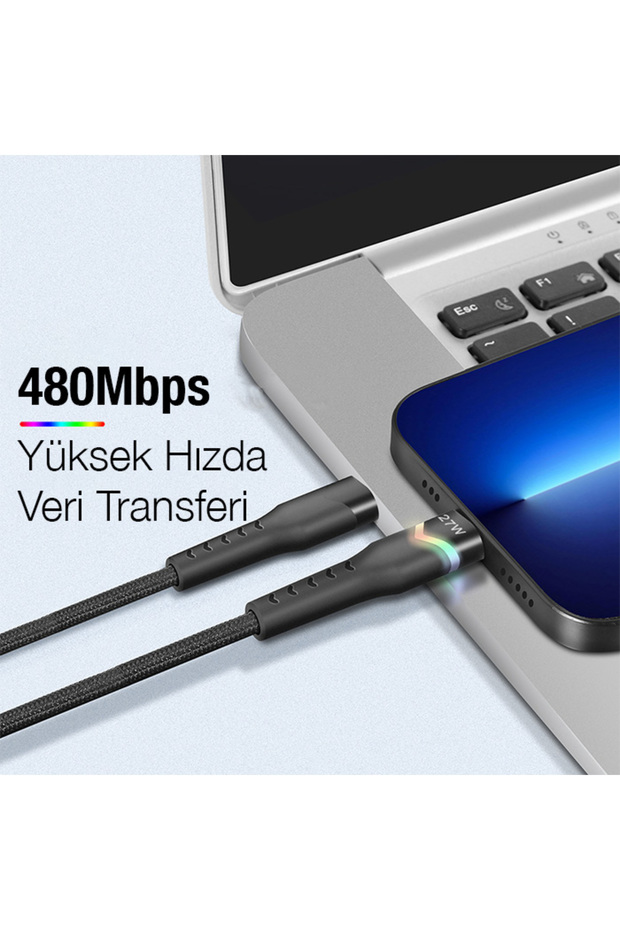 Led Işıklı 27W Type-C To iPhone Lightning Hızlı Şarj Kablosu 1m SİYAH - 3