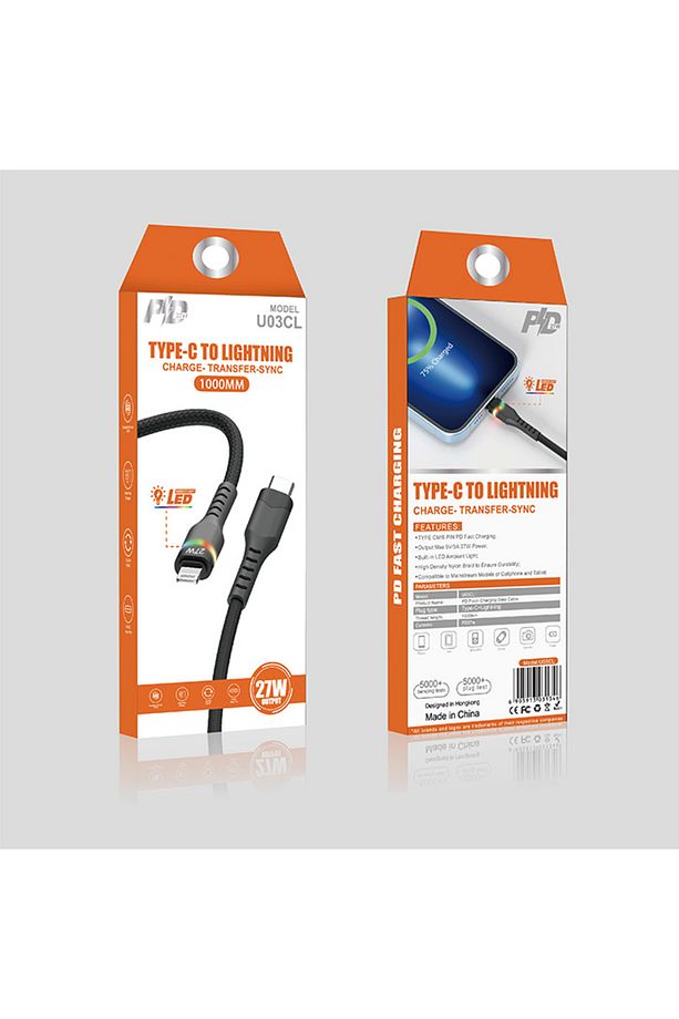 Led Işıklı 27W Type-C To iPhone Lightning Hızlı Şarj Kablosu 1m SİYAH - 8