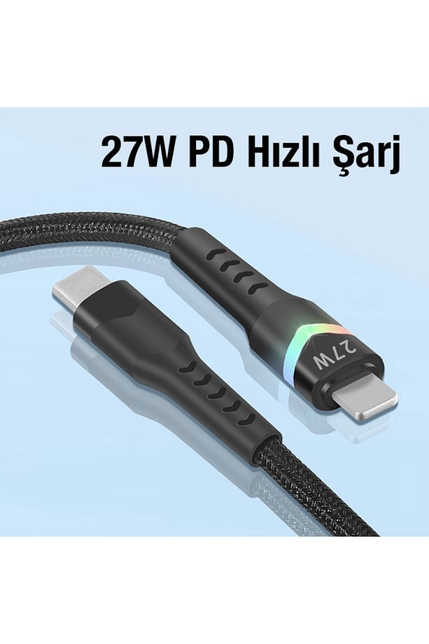 Led Işıklı 27W Type-C To iPhone Lightning Hızlı Şarj Kablosu 1m SİYAH - 2