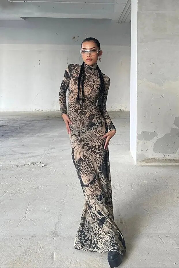 Flexible Tulle Evening Dress with Tattoo Patterned Fish and Inside