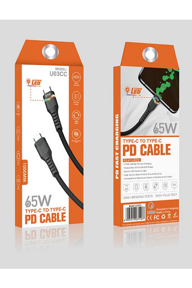 Led Işıklı QC 3.0 65W Type-C To Type-C Hızlı Şarj ve Data Kablosu 1 Metre - 8