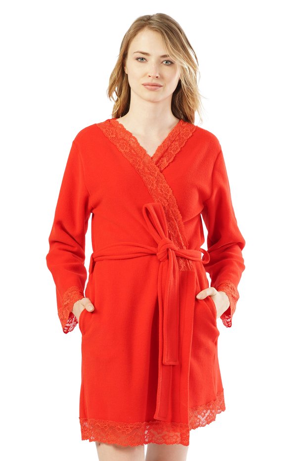Women's Red Fleece Long Sleeve Lace Short Dressing Gown