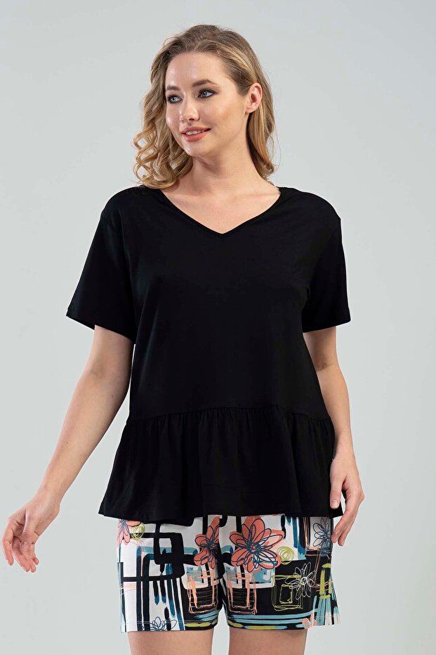 V-Neck Short Sleeve Back V-Piece Shorts Pajama Set
,111102