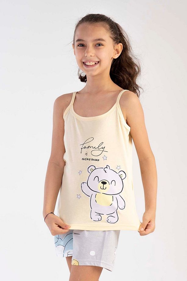 Pamuklu Kız Çocuk Ip Askılı Şortlu Pijama Takım - 1