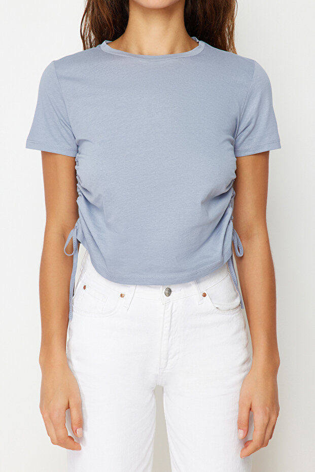 Gri %100 Pamuk Bisiklet Yaka Büzgülü Basic Örme T-Shirt TWOSS21TS0131 - 4