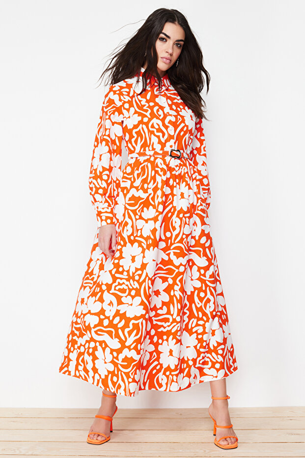 Red Floral Patterned Belted Shirt Dress TCTSS24EB00004