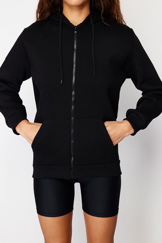 Siyah Kapüşonlu Oversize/Geniş Kalıp Fermuarlı Kapuşonlu Kalın İçi Polarlı Sweatshirt TWOAW21SW0840 - 5