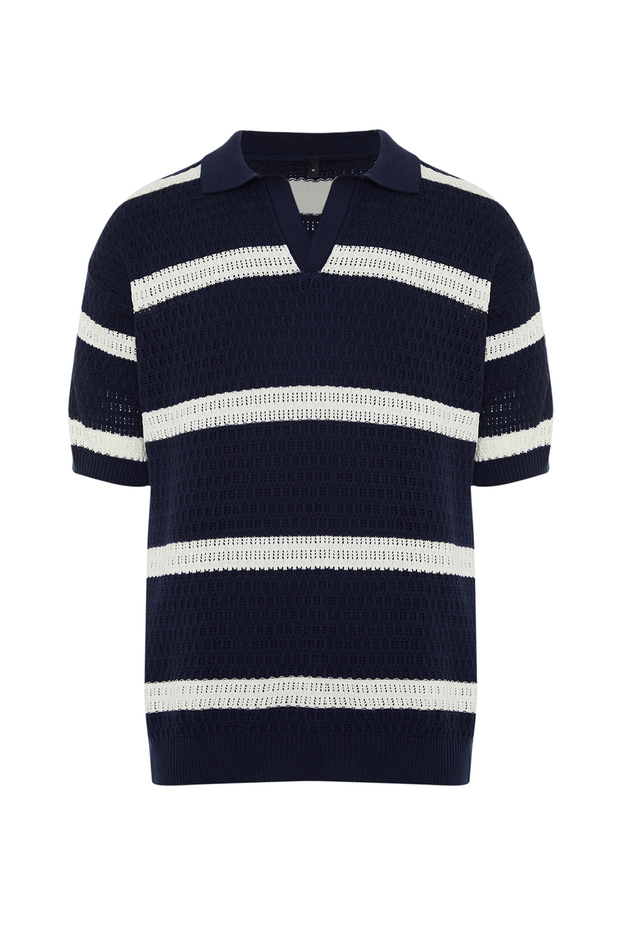 Lacivert Regular Fit Pamuklu Çizgili Kaçık Pat Triko Polo Yaka T-ShirtTMNSS24PO00004 - 7