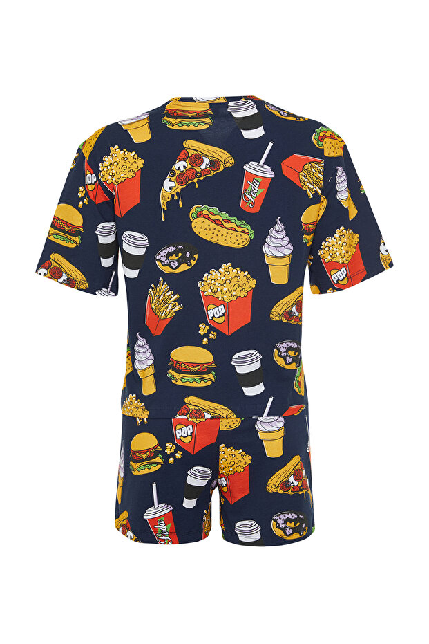 Lacivert-Çok Renkli %100 Pamuklu Slogan Nakışlı Şortlu Örme Pijama Takımı THMSS24PT00104 - 8