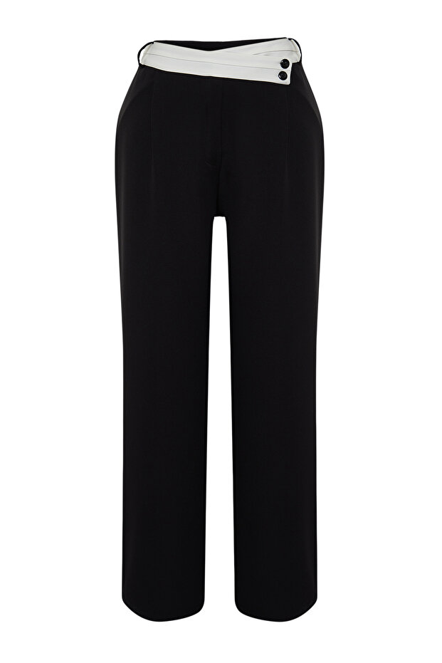 Siyah Yüksek Bel Kontrast Asimetrik Kemerli Wide Leg Dokuma Pantolon TBBSS24AR00016 - 7