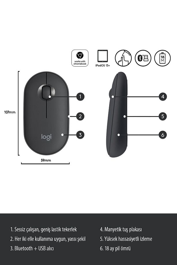 Pebble M350 Kablosuz Bluetooth Mouse Siyah Sessiz - 7