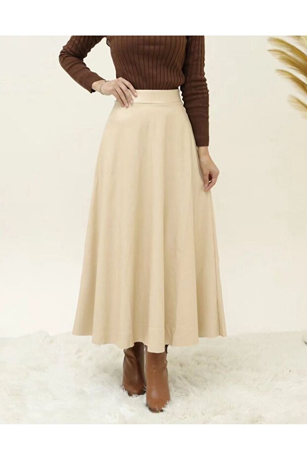 Women's Leather Mevlana Beige Skirt