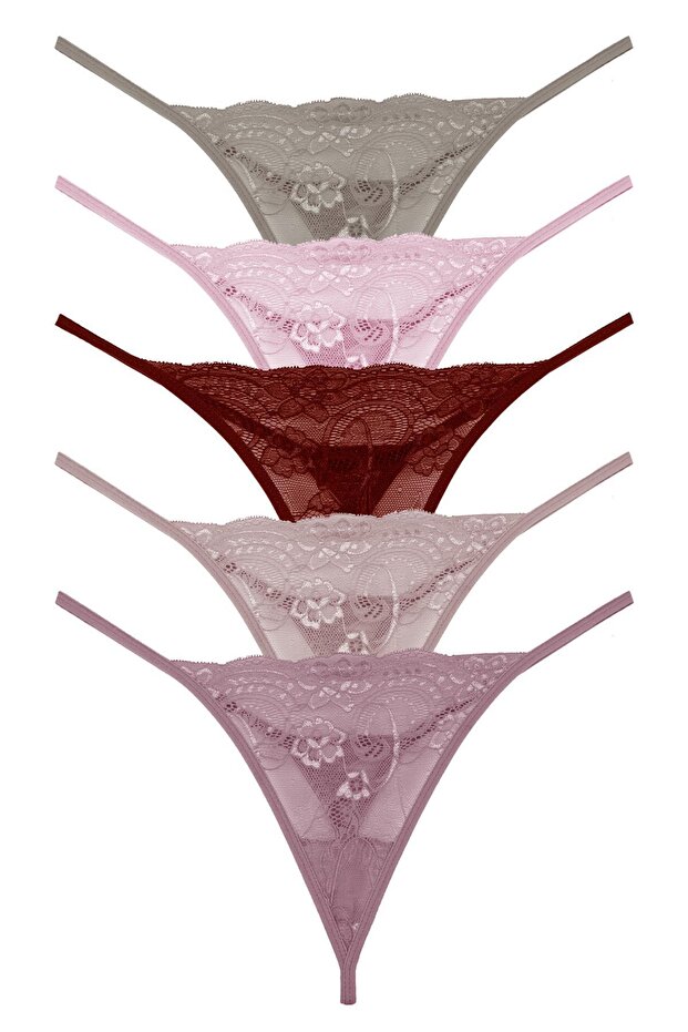 Női húzózsinóros csipke tanga 5 részes bugyi szett vegyes színekben Kts3062 -MODELL-5 - 2