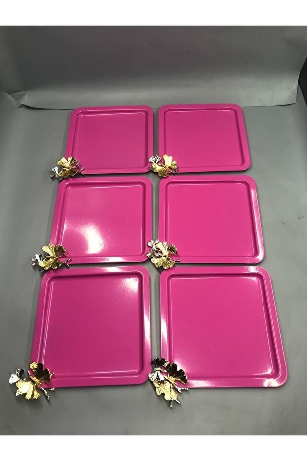 Stainless Steel Square 6-Piece Pink Coffee, Tea, Decorative Presentation Serving Tray with Luxury Butterfly Accessories