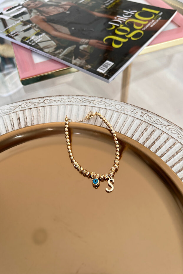 Dorica Bracelet with Letter S and Evil Eye Hanging