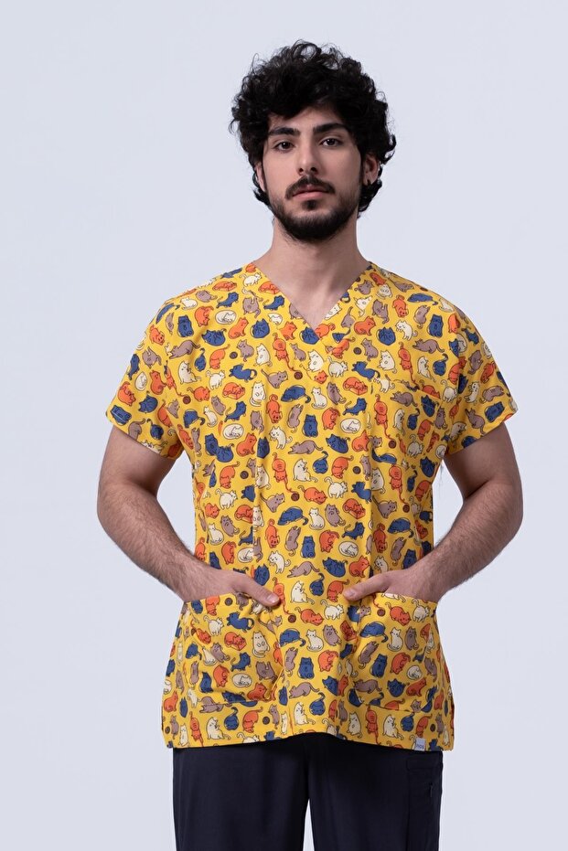 زي رجالي من Pios My Colorful Cats منقوش من الليكرا - Scrubs - قمة واحدة