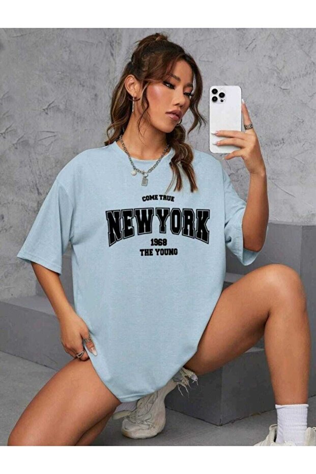 Come True New York Printed Oversize Sports Crew Neck Cotton Tshirt