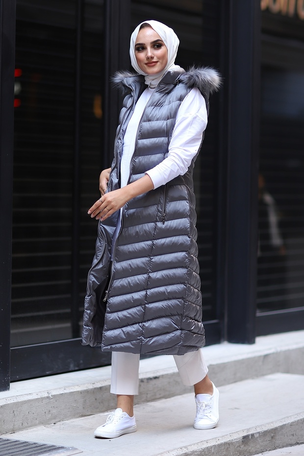 Vestă lungă căptușită - Gri - 5