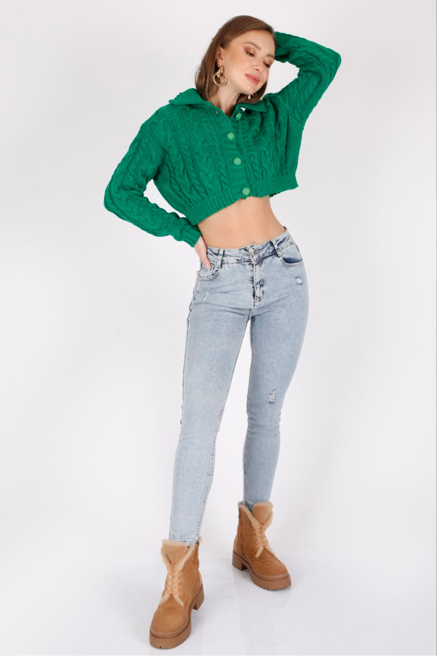 Polo Collar Long Sleeve Hair Braided Four Button Crop Short Knitwear Cardigan