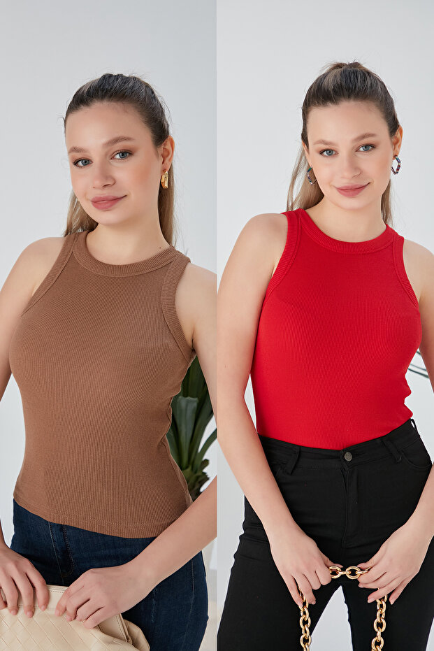 Biscuit Red Zargo Model Set of 2 Fitted Wide Piping Halter Neck Ribbed Stretchy Knitted Crop Blouse
