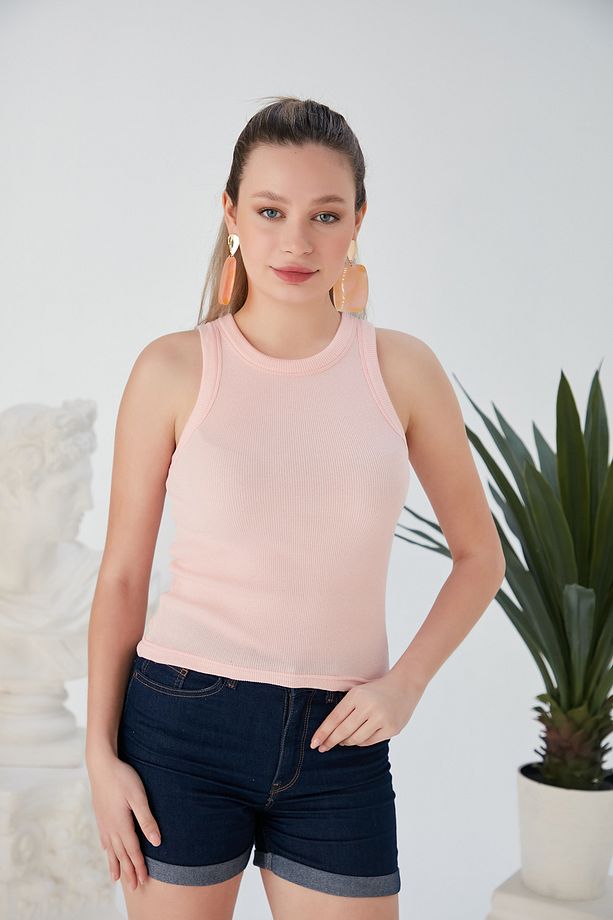 Mavi Pudra Zargo Model 2'li Set Fitted Geniş Biyeli Halter Yaka Fitilli Esnek Örme Crop Bluz - 3