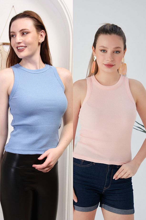 Mavi Pudra Zargo Model 2'li Set Fitted Geniş Biyeli Halter Yaka Fitilli Esnek Örme Crop Bluz - 1