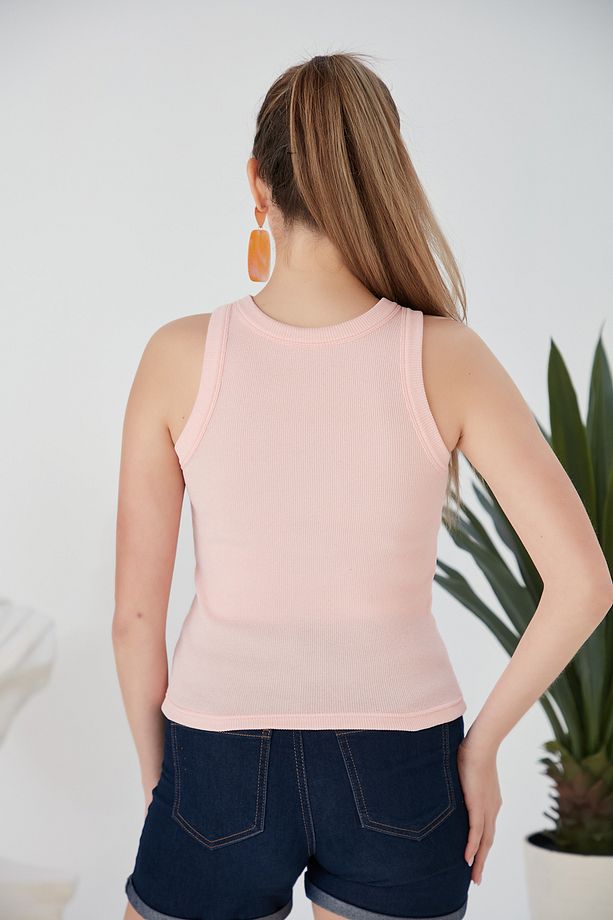 Mavi Pudra Zargo Model 2'li Set Fitted Geniş Biyeli Halter Yaka Fitilli Esnek Örme Crop Bluz - 7