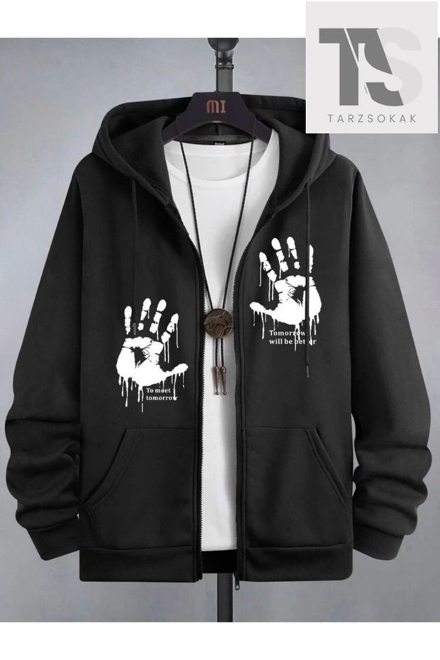 Hooded Unisex Black Hand Printed Zippered