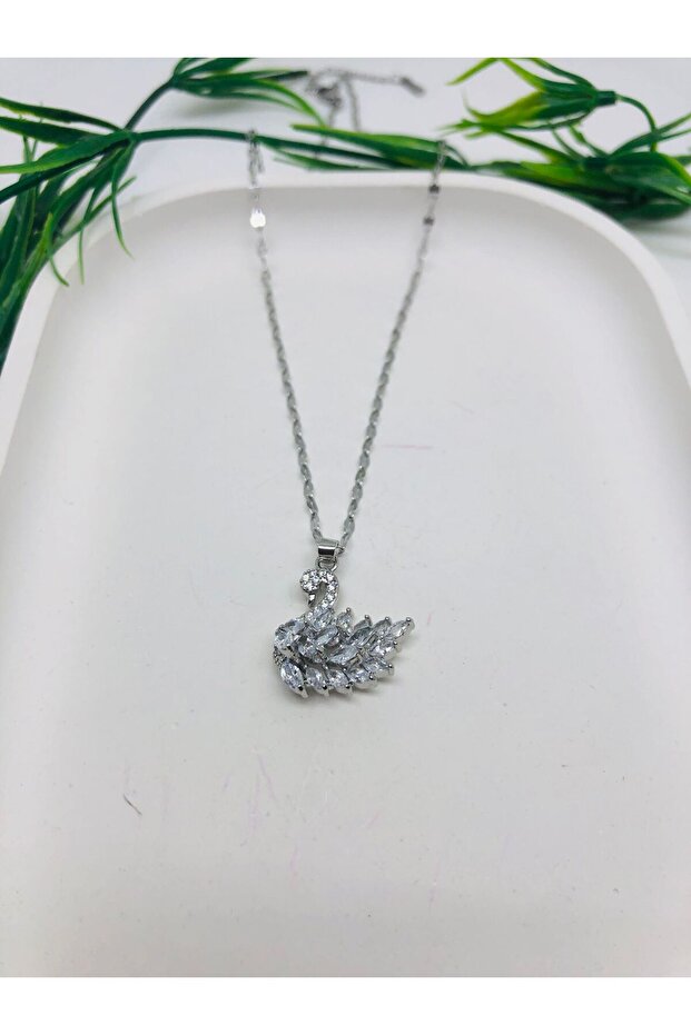 Silver Taşlı Kuğu Kolye - 1