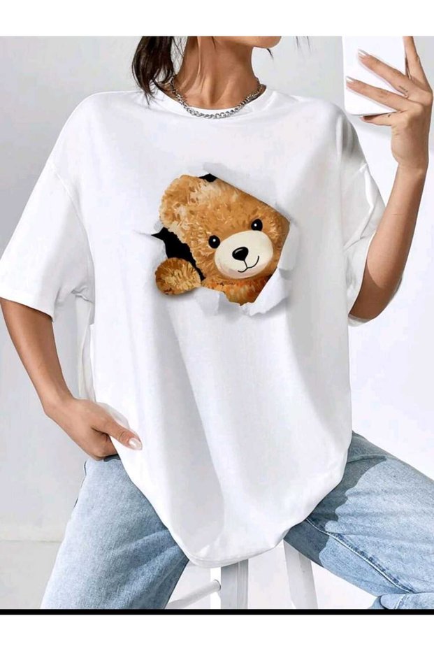 Women's Cute Bear Printed Oversize Casual White T-shirt Unisex Boyfirend