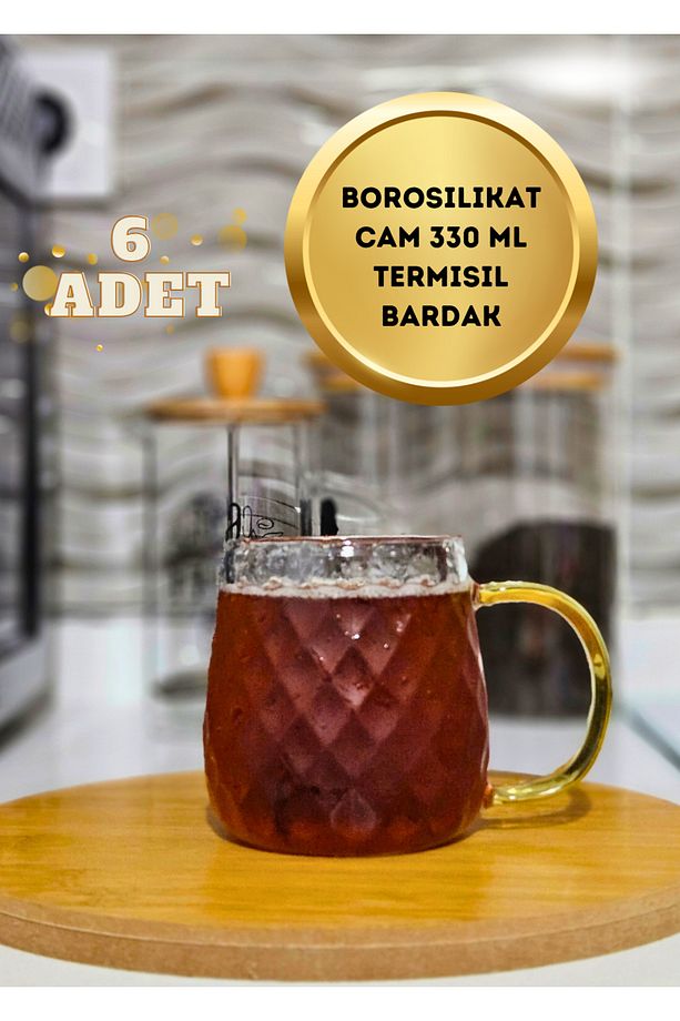 6 adet borosilikat ince cam termisil çay kahve sunum bardağı gold kulp 330 ml - 1