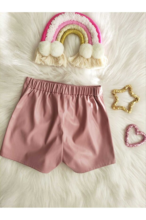 Kız Çocuk Gül Kurusu Deri Şort Etek - 2