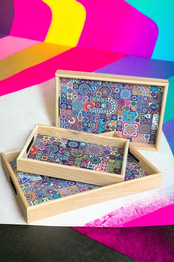 Mandala ahşap 3 lü Servis Sunum Tepsisi Çay Kahve Sunum Tepsi Çay Tepsisi - 1