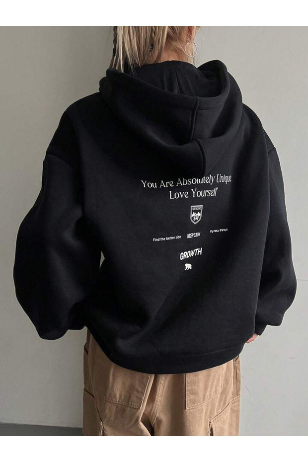 Growth 3 Thread Thick Winter Sweatshirt - Black Printed Oversize Hooded Hoodie