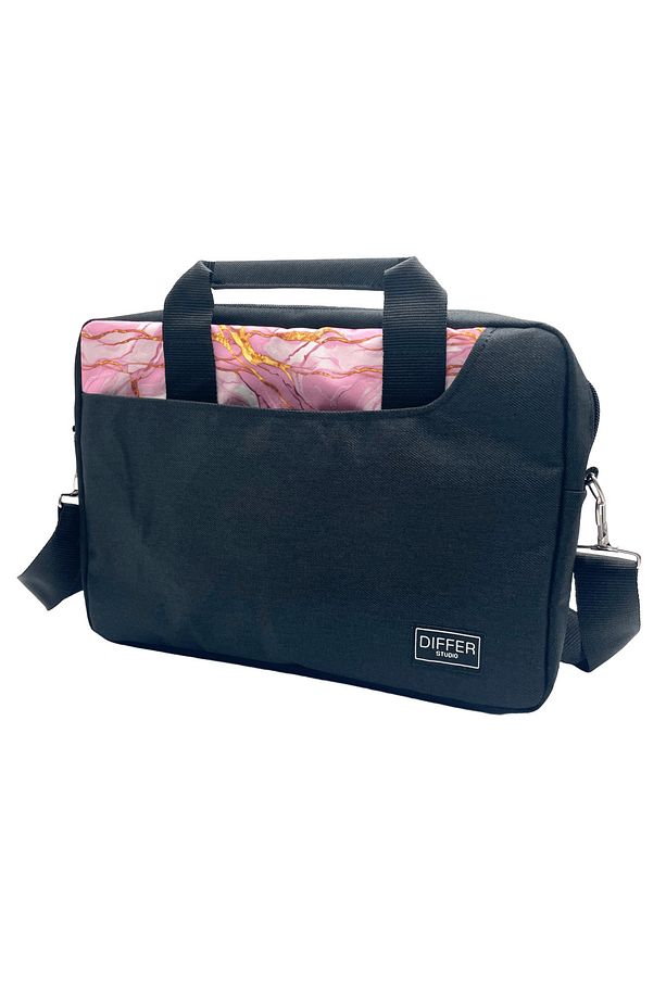 13-14'' Inç Pembe Mermer Desen Siyah Unisex Laptop/macbook/notebook/bilgisayar/evrak Çantası - 1