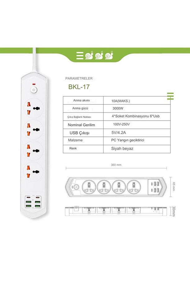 Yeni Nesil TypC Port Girişli Akım Korumalı 10 Girişli 4 Priz 4 USB, 2 Type-C Giriş, Isıya Dayanıklı - 3