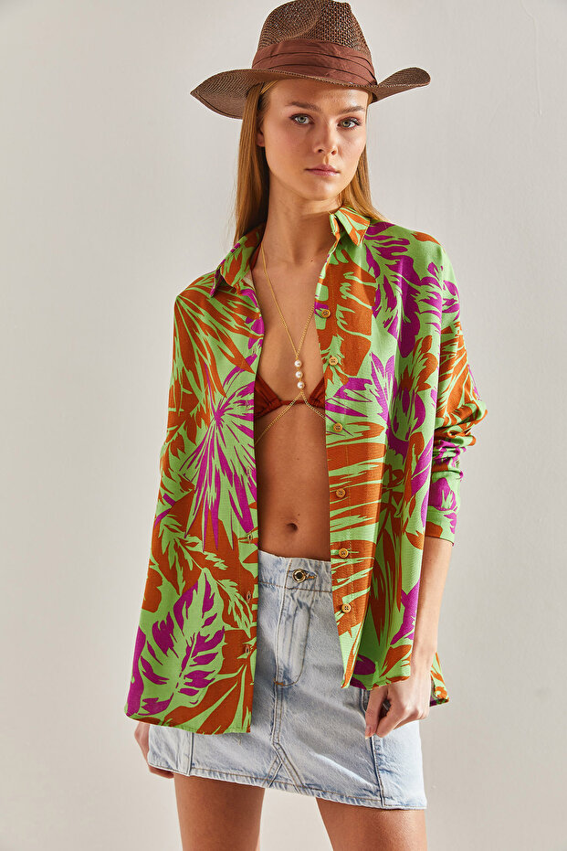 Women's Green Fuchsia Multi Patterned Colorful Linen Shirt 60101017