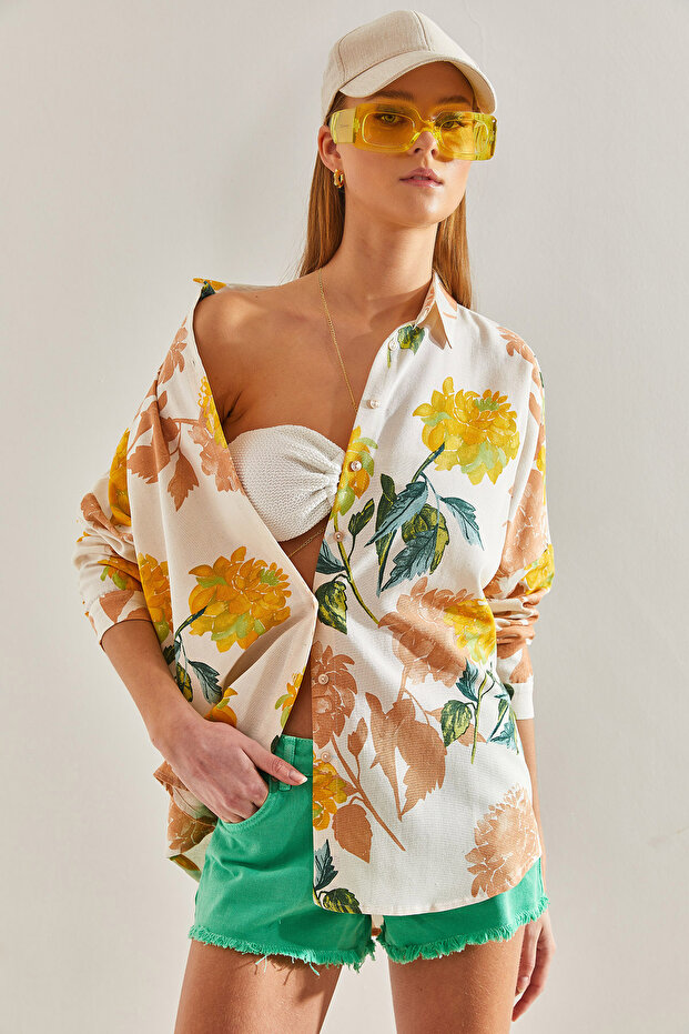 Women's Beige Yellow Multi Patterned Casual Linen Shirt 60101024
