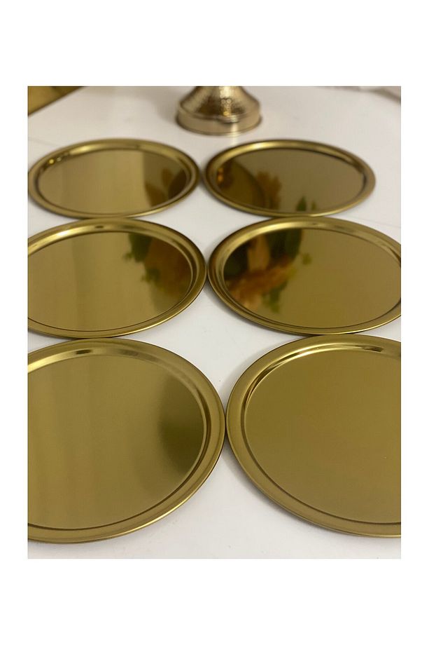 6 Adet Dekoratif Gold Renk Yuvarlak Tepsi Çay Kahve Sunum Tepsisi - 1