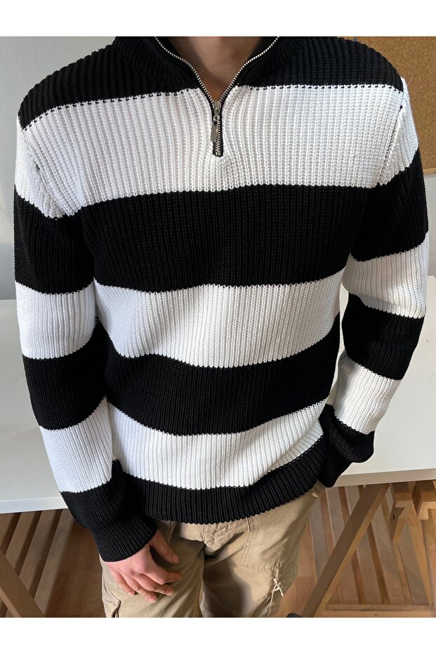 Black-White Zippered Striped Patterned Sweater - 2