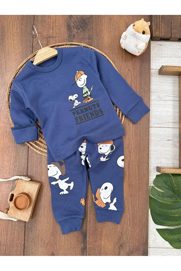 Erkek Bebek Pijama Takımı Sevimli Köpek Desenli %100 Pamuk Yumuşak Doku Mevsimlik Pijama Takımı - 1