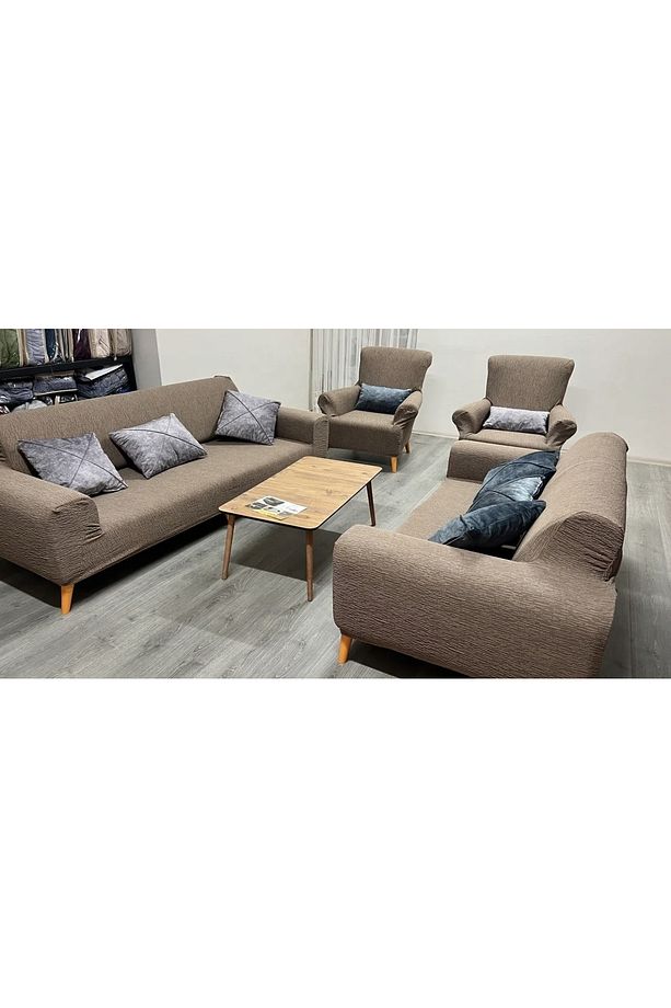 Streç Lastikli Esnek Yıkanabilir Pamuklu 3 3 1 1 Jakarlı Koltuk Örtüsü Takımı Koltuk Kılıfı Kahve - 5