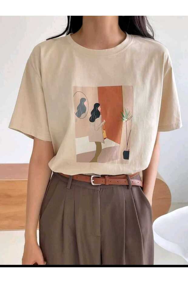 Women's Design Printed Beige Oversize Casual T-shirt Boyfriend
