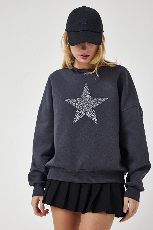 Damska bluza z dzianiny w kolorze antracytowym, z haftowaną gwiazdą UB00237 - 1