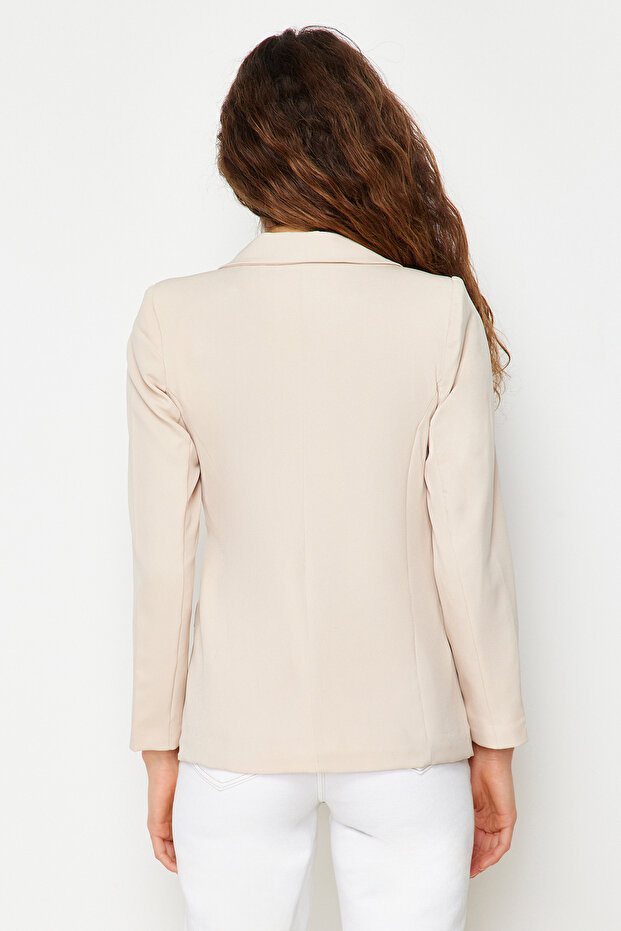 Bej Regular Astarlı Kruvaze Kapama Dokuma Blazer Ceket TWOSS21CE0107 - 7